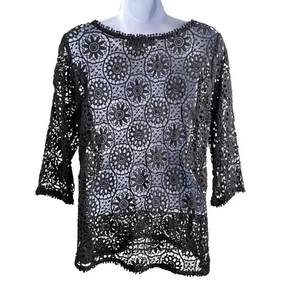 Gretchen Scott Women's Black Dark Floral Lace Fall Tunic Top Size M Boho Goth - Picture 10 of 10